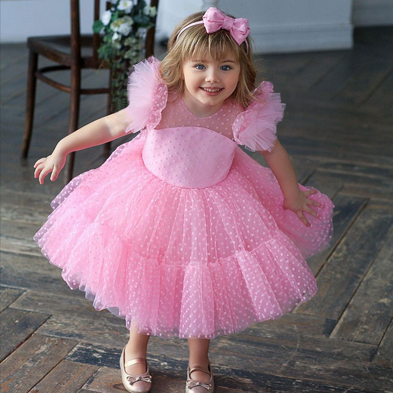 Baby Girls Princess Polka Dot Girls Pink Dress Tulle Fabric Pink Ball