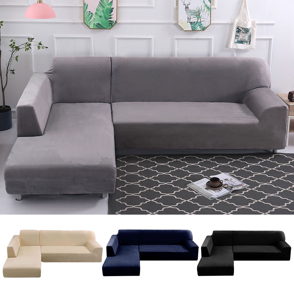 COD 2/3/4 Seater Velvet Solid Color Elastic Lshaped Sofa Cover