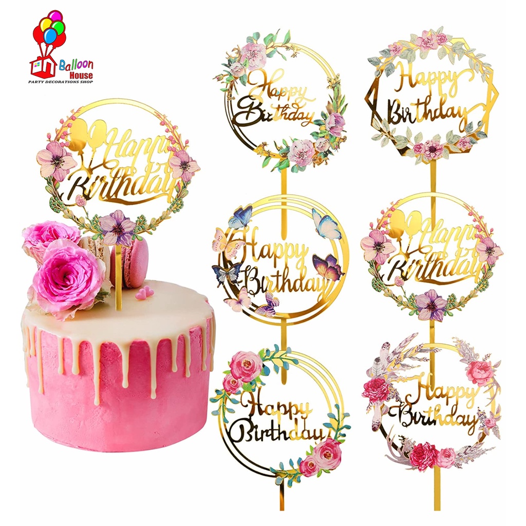 Happy Birthday Cake Toppers Gold Flower Acrylic Cake Toppers Acrylic