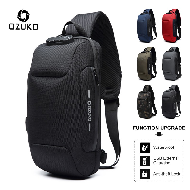OZUKO Fashion Men Waterproof USB Charging Shoulder Sling Bag Antitheft