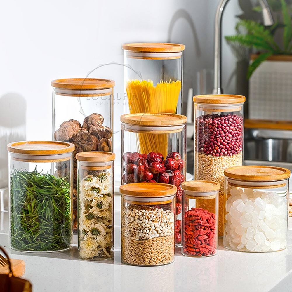 Locaupin Bamboo Lid Candy Jar Glass Canister Party Food Storage
