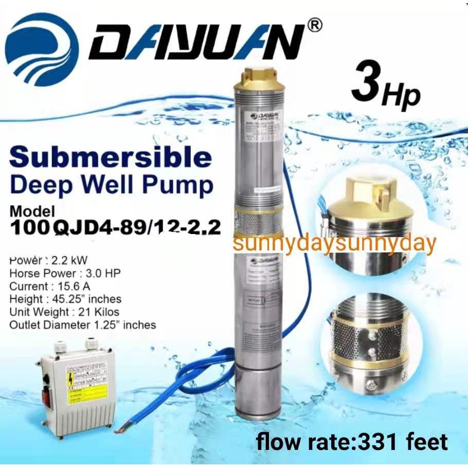 DAYUAN DEEP WELL SUBMERSIBLE PUMP 3HP WATER PUMP 4'' CASING 101MTRS 1.