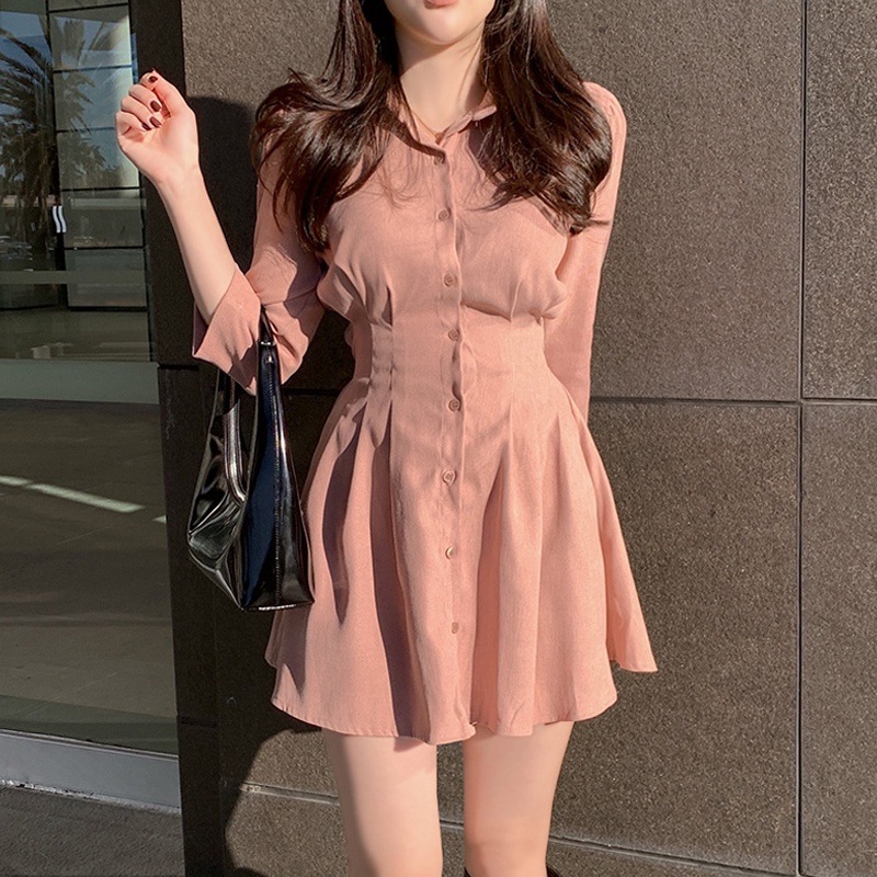 Korean Women's Clothing Retro Temperament Plain Color Puff Sleeve Waist