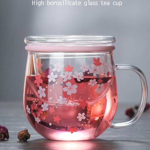 Pink Sakura Tea Cup With Filter Glass Cup With Lid Strainer Teacup