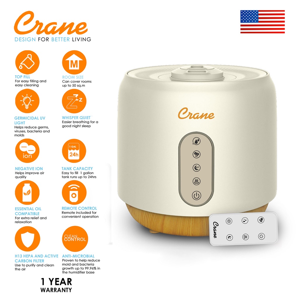Crane 5in1 Top Fill Humidifier Warm & Cool Mist+Air Purifier for Cough