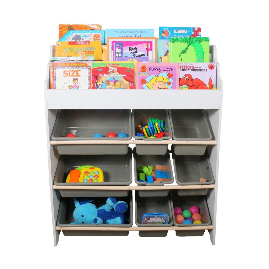 Toy Shelf Organizer with Tray Wooden Toyshelf with plastic trays (Gray