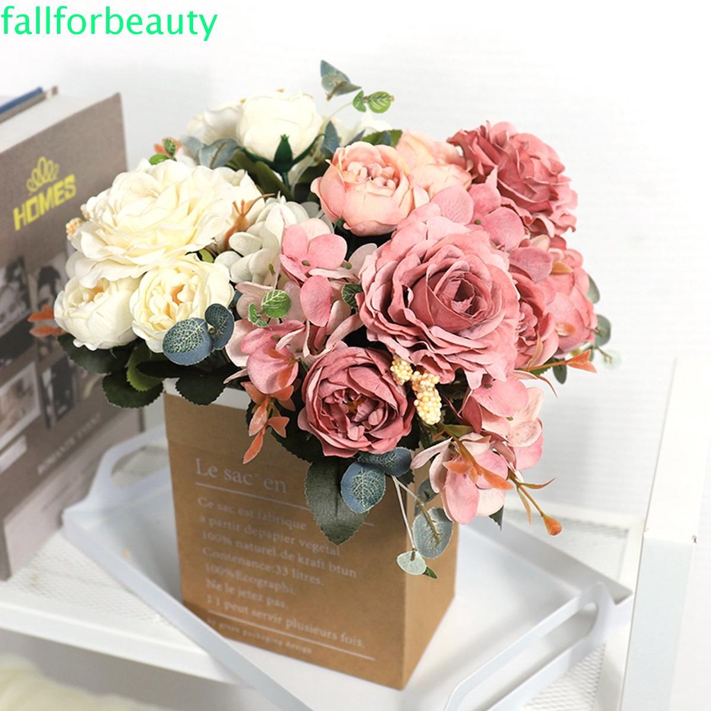 FALLFORBEAUTY Vintage Artificial Flowers Romantic Bouquet Fake Roses