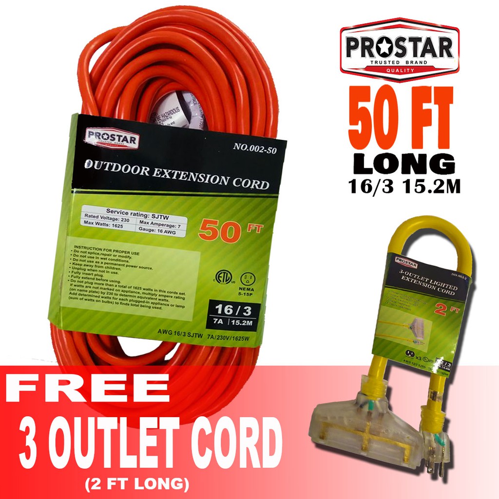 Prostar 50 FT (Orange) Out Door Rated Extension Cord 16/3 Gauge 7A 15