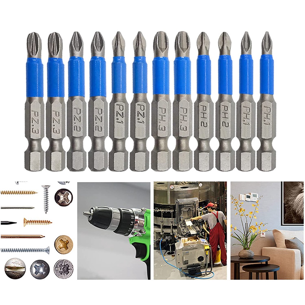 12Pcs Anti Slip Screwdriver Phillips Bit Set (PH1 PZ1 PH2 PZ2 PH3 PZ3), 50mm Length