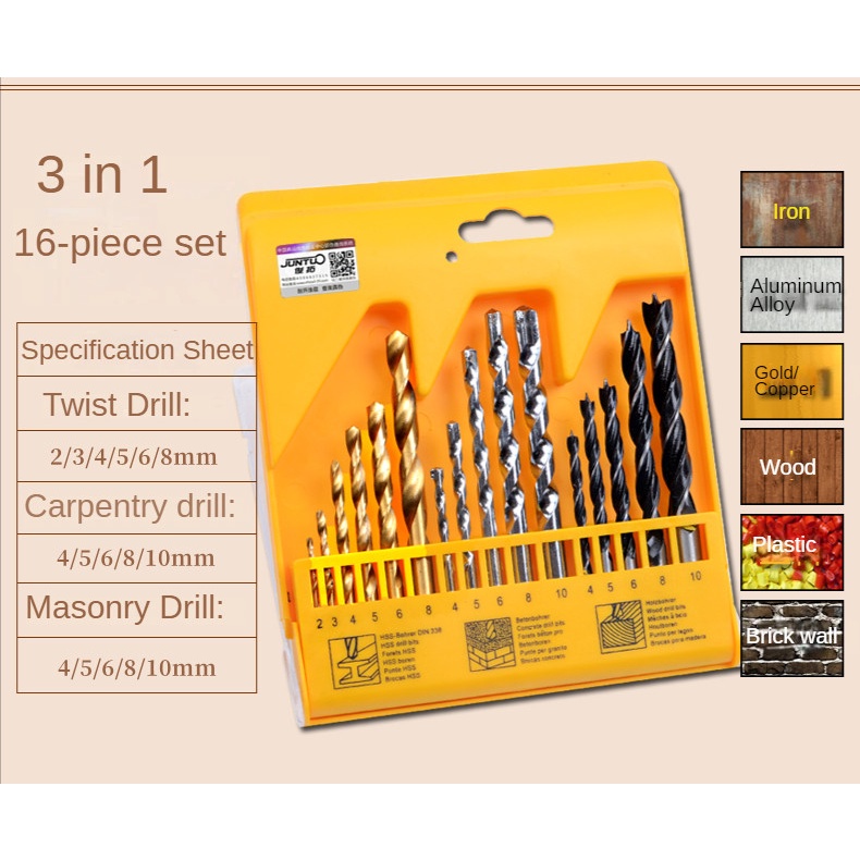 16pcs 210mm Drill Bit Set HSS Twist Drills Hex Shank + Impact Drills Bit + Wood Drills