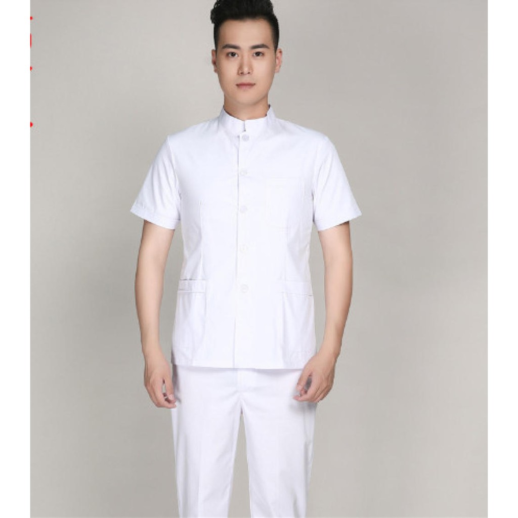 Standup collar split white split shortsleeved male nurse uniform