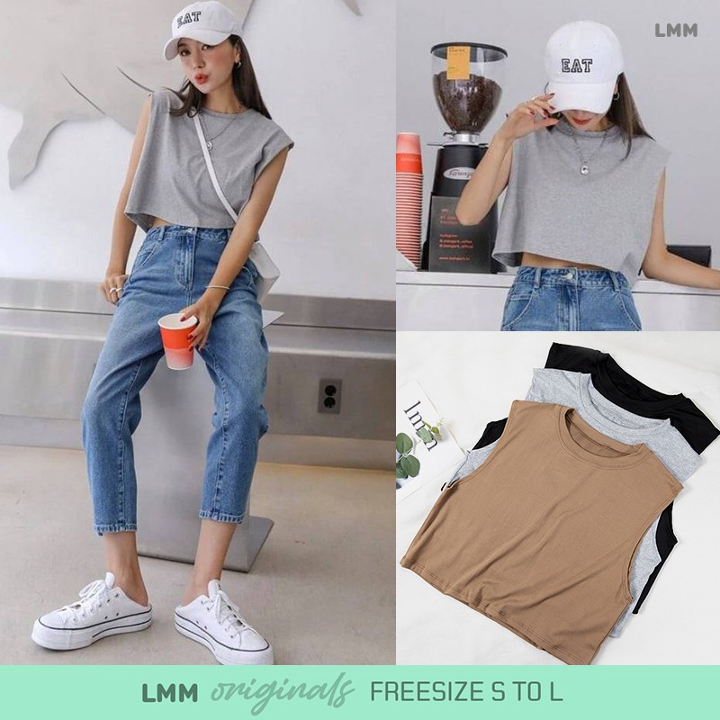women fashion oversized loose sleeveless muscle shirt round neck crop