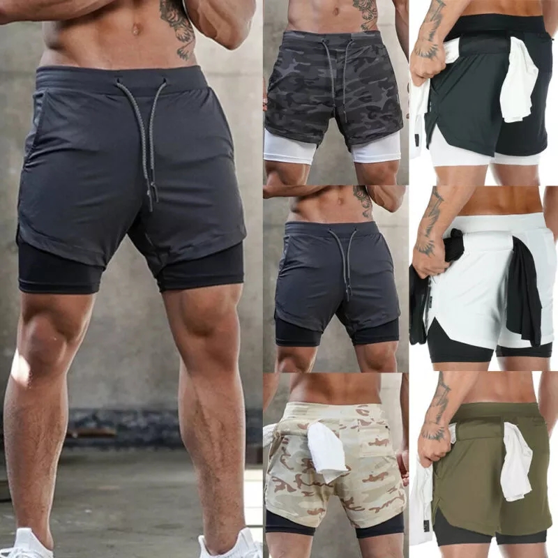 Mens Casual Shorts Gym Training Shorts Workout Sports Fitness Men Lined Running Shorts