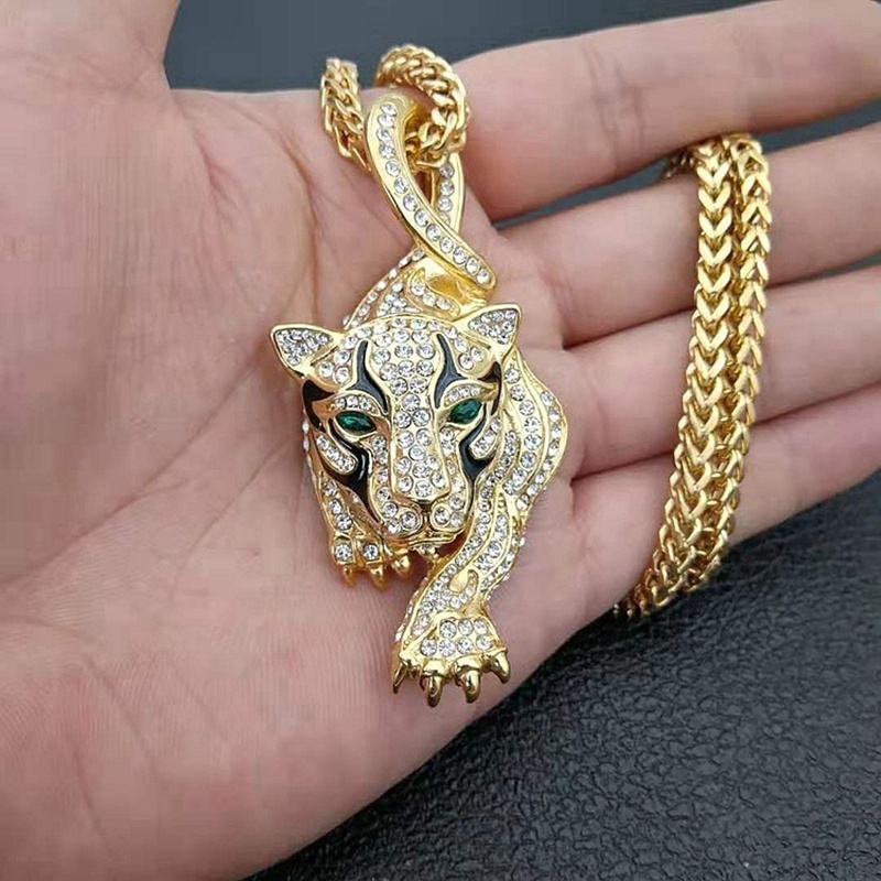 Luxury Men's 18K Gold Inlaid Austrian Rhinestone Emerald Tiger Pendant