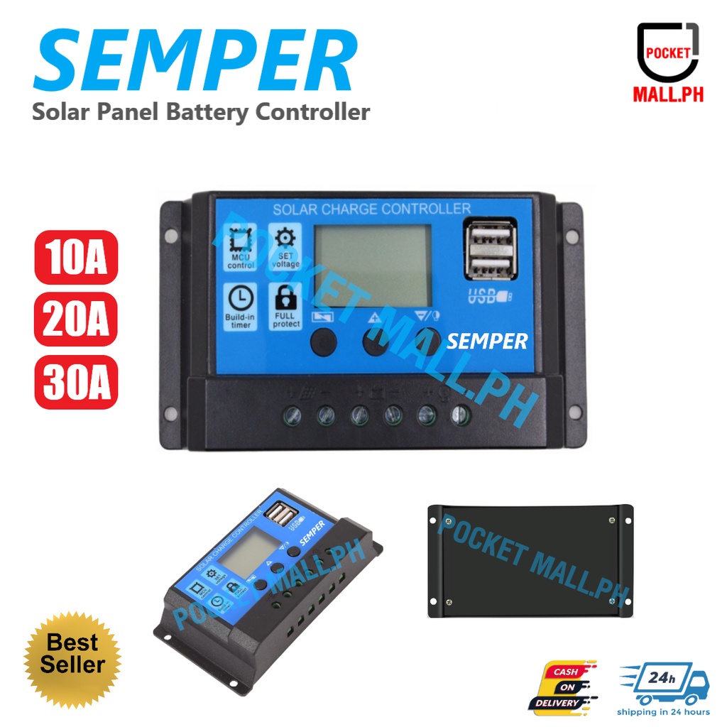 SEMPER PWM 30A 20A 10A Solar Charge Controller 12V 24V LCD Display Dual