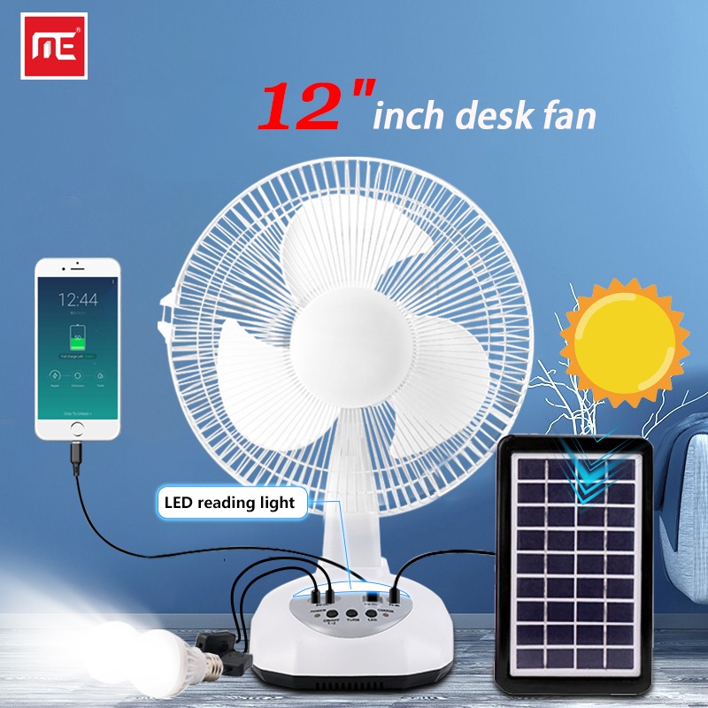 Solar Electric Fan 12Inch Rechargeable 2 Led Lights 220V Ac Desktop Electric Fan Outdoor Fan