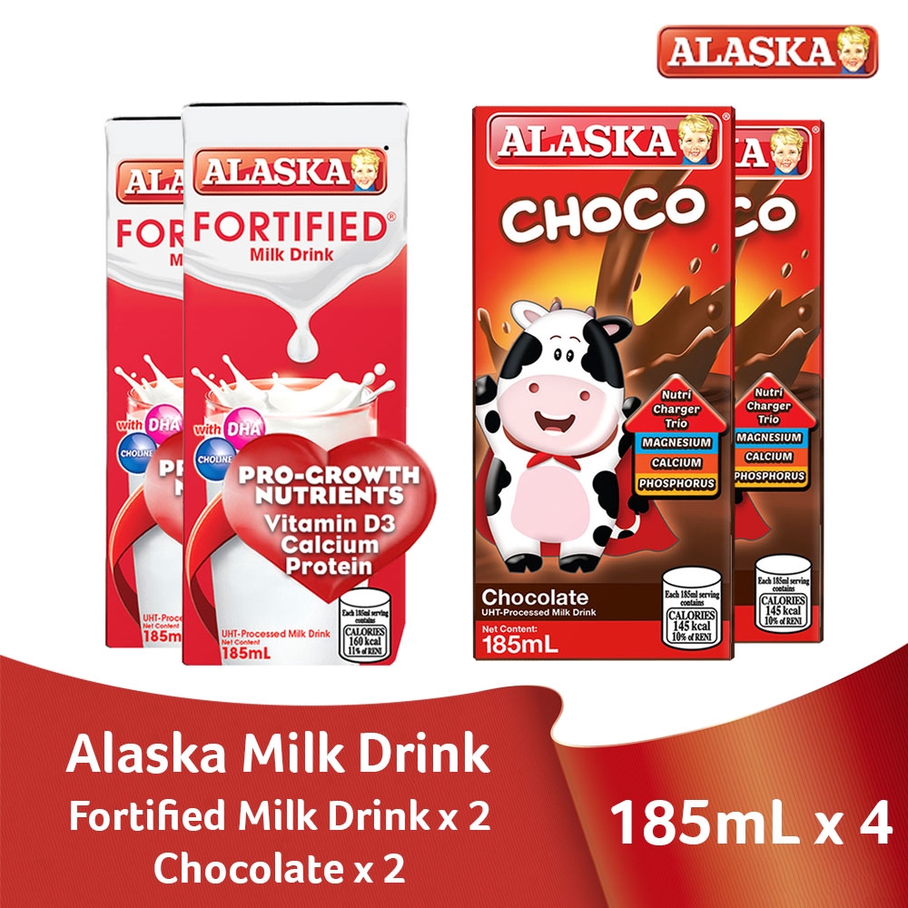 Alaska Milk Drink Chocolate and Fortified Milk 185ml Set of 4