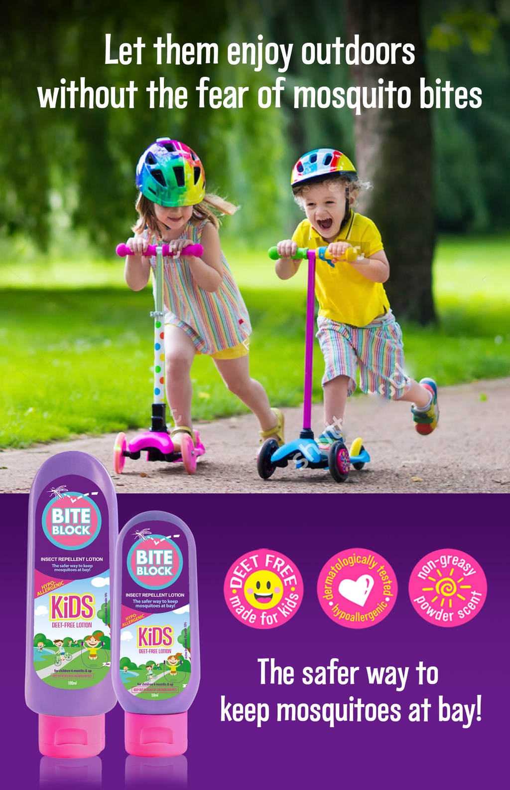 Bite Block Kids Insect Repellent Lotion 50mL. DEETfree, hypoallergenic, nongreasy, powder