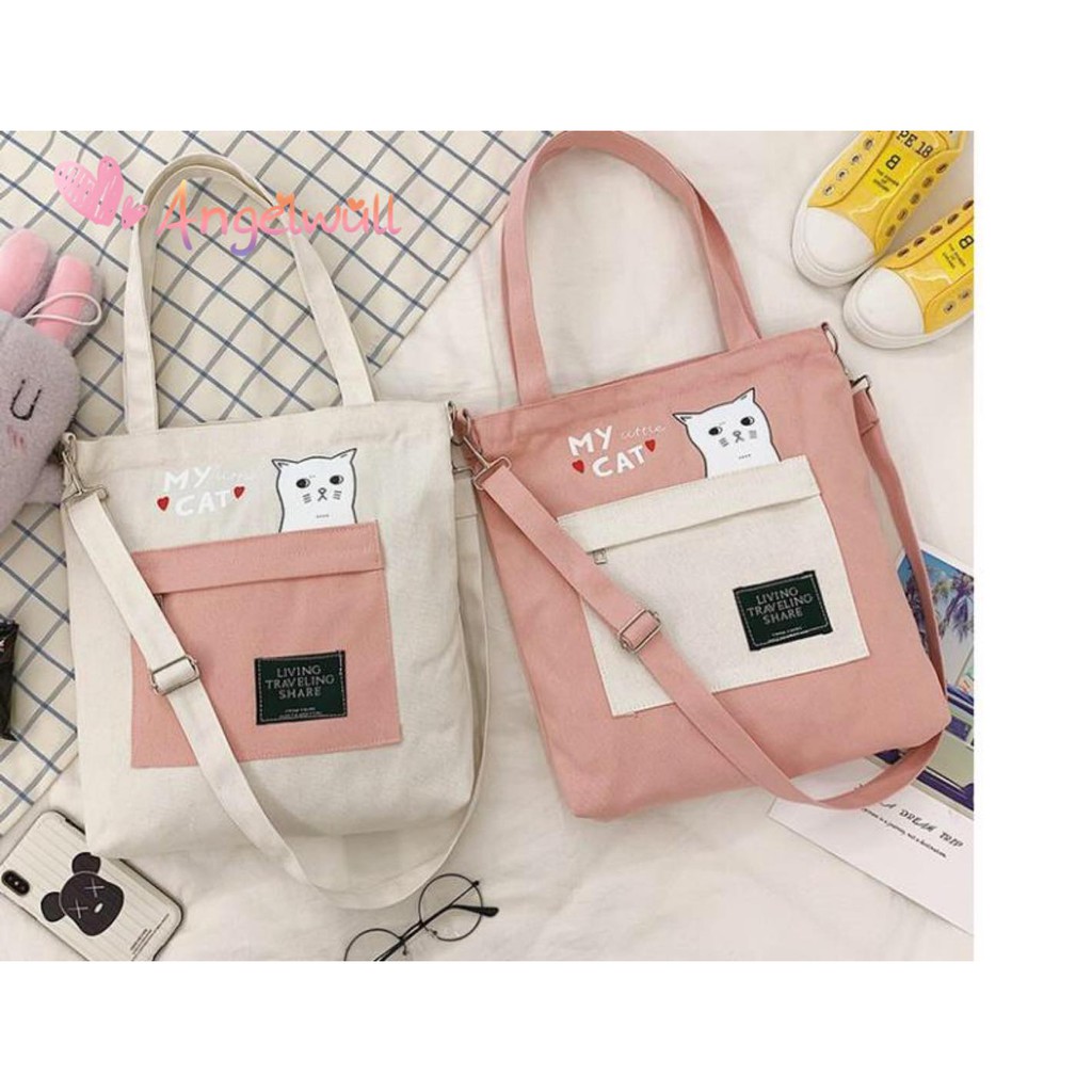 AW Korean Cute Canvas Shoulder Sling Bag with Zipper pocket Shopee