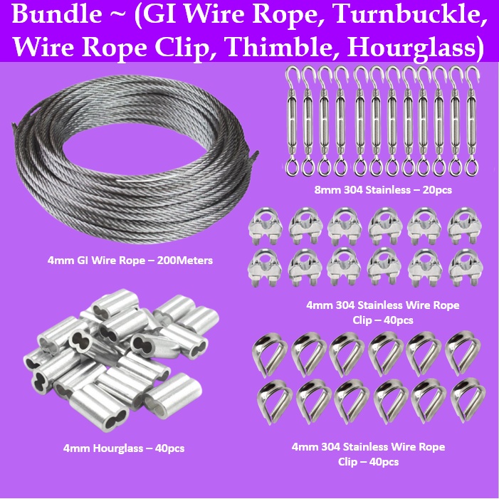 Bundle ( 4mm GI Wire Rope, 8mmTurnbuckle, 4mm Wire Rope Clip, 4mm Thimble, 4mmHourglass