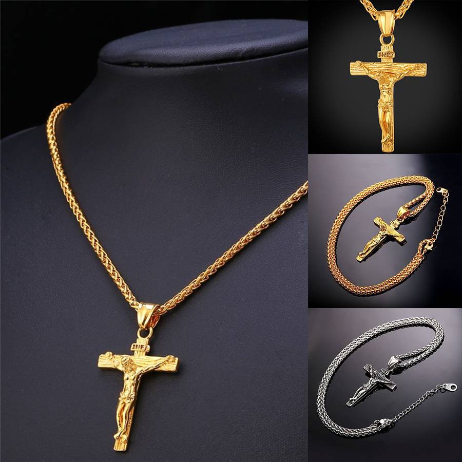 Cross Pendant Necklace Jesus gold men's chains Christian Shopee