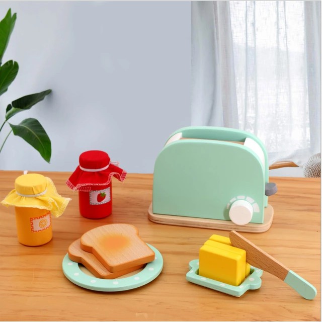 Wooden Toaster Toy 9Piece Pretend Play Kitchen Set Bread Butter Best