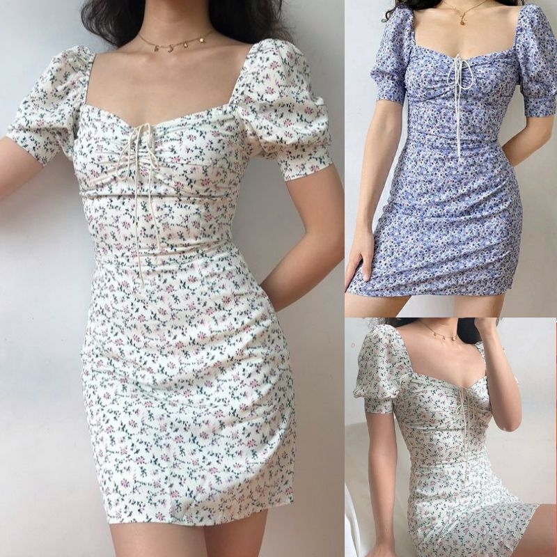 New French Retro Square Neck Lace Puff Sleeve Thin Waist