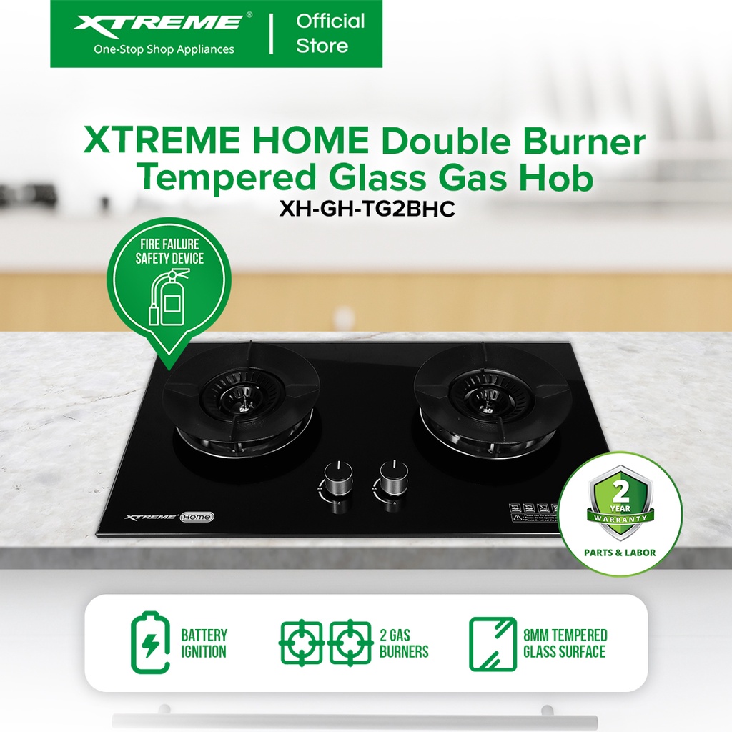 XTREME HOME 2Burner Tempered Glass Gas Hob with Battery Ignition and