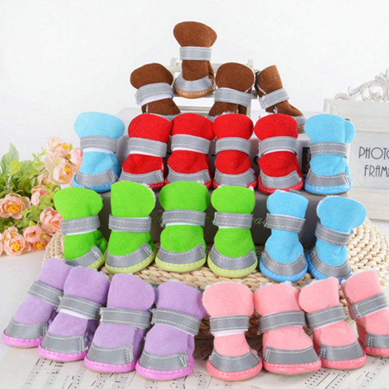4pcs/set Winter Reflective Pet Dog Shoes Anti Skid Rain Snow Boots Warm For Small Cats Puppy