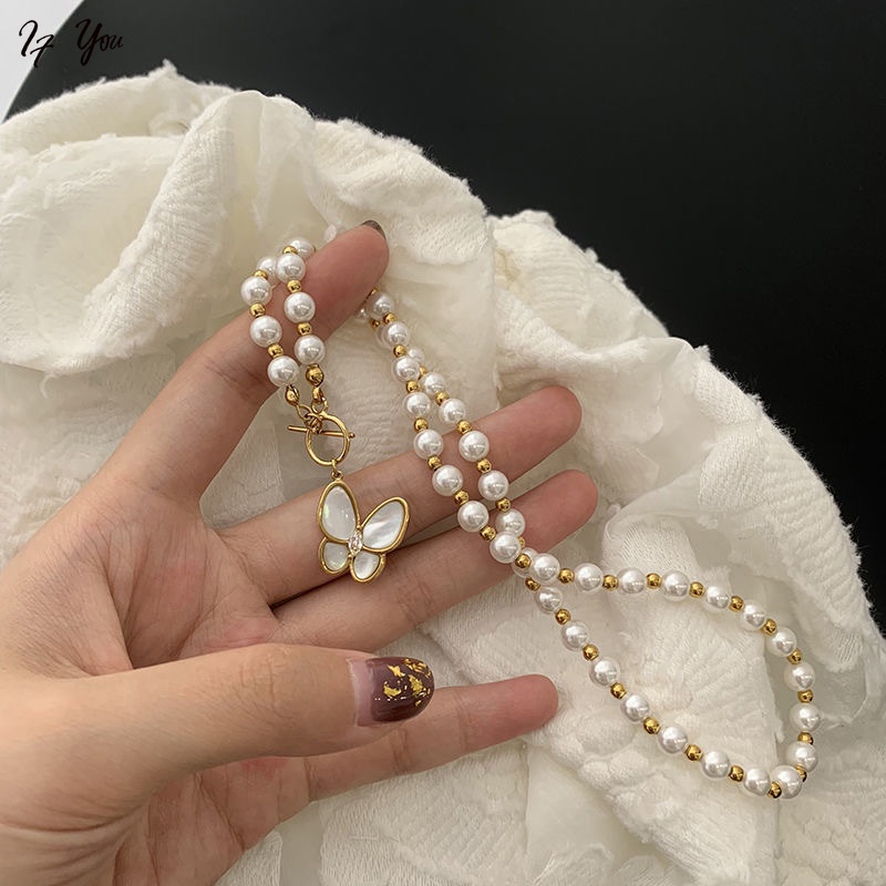 AY Korean Jewelry Pearl Chain Necklace Fashion Gold Beaded Choker