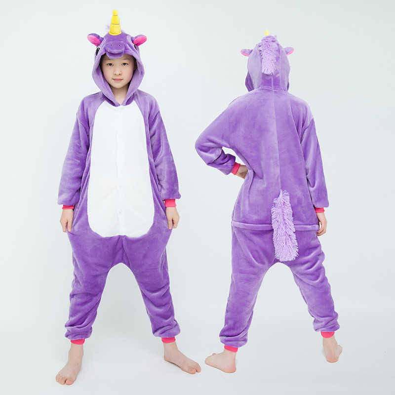 Girls Boys Flannel Sleepwear Kigurumi Purple Unicorn Animal Cartoon