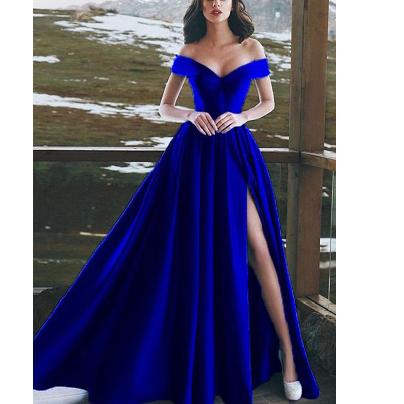 Women's Blue Gown Dress Offshoulder Big Hem Long Sexy Maxi Dinner