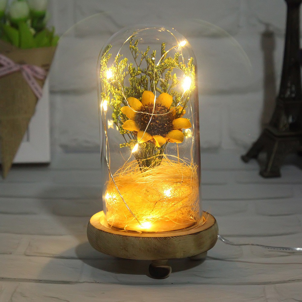 Sunflower Dried Flowers in Glass Dome Warm Light Bedroom Decor Lamp