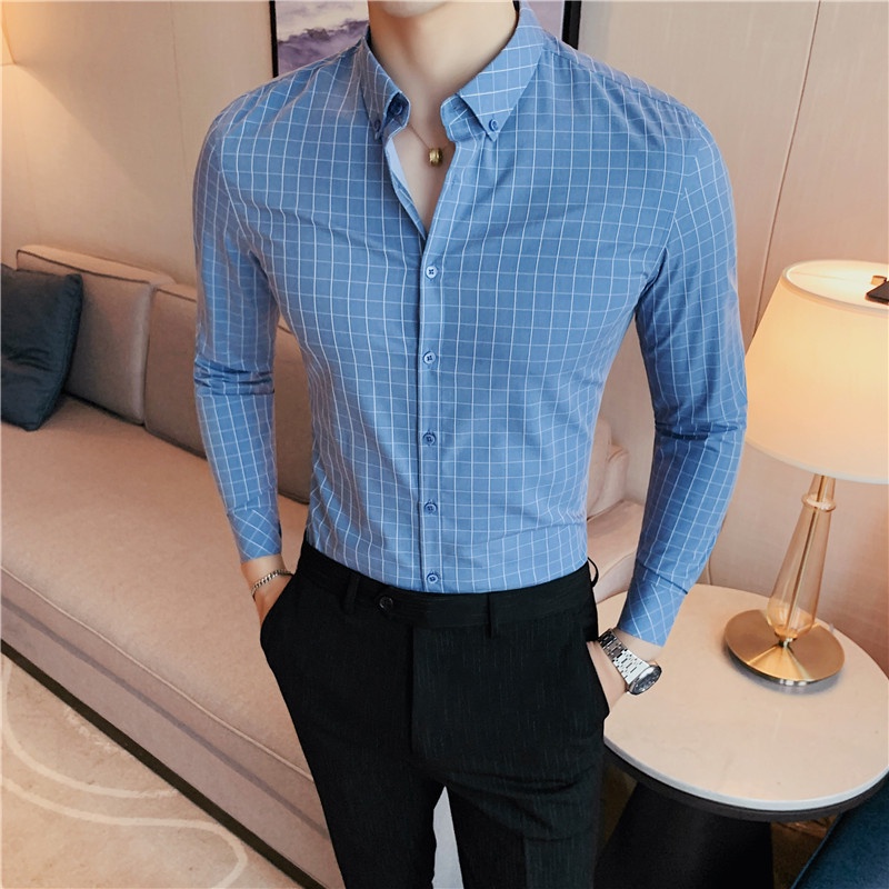2022 New Plaid Shirts for Men Long Sleeve Slim Fit Business Casual