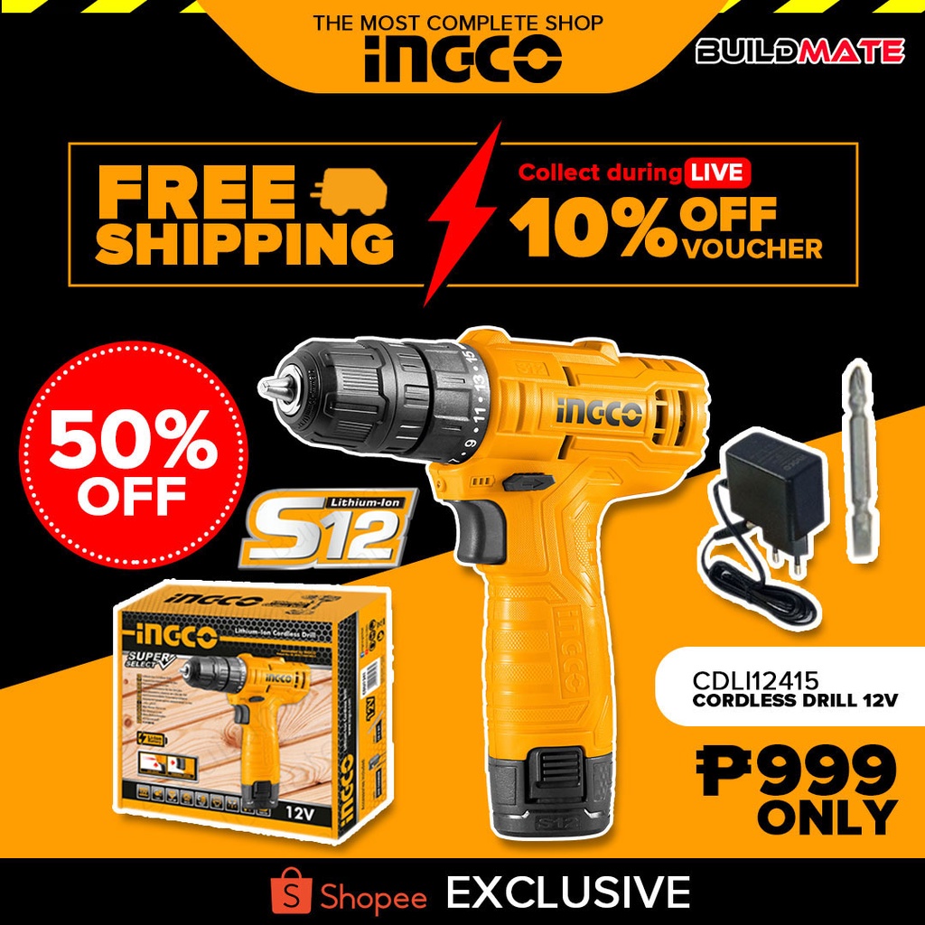 [0 MIN. SPEND] INGCO Cordless Drill 12V Lithium Ion with Battery
