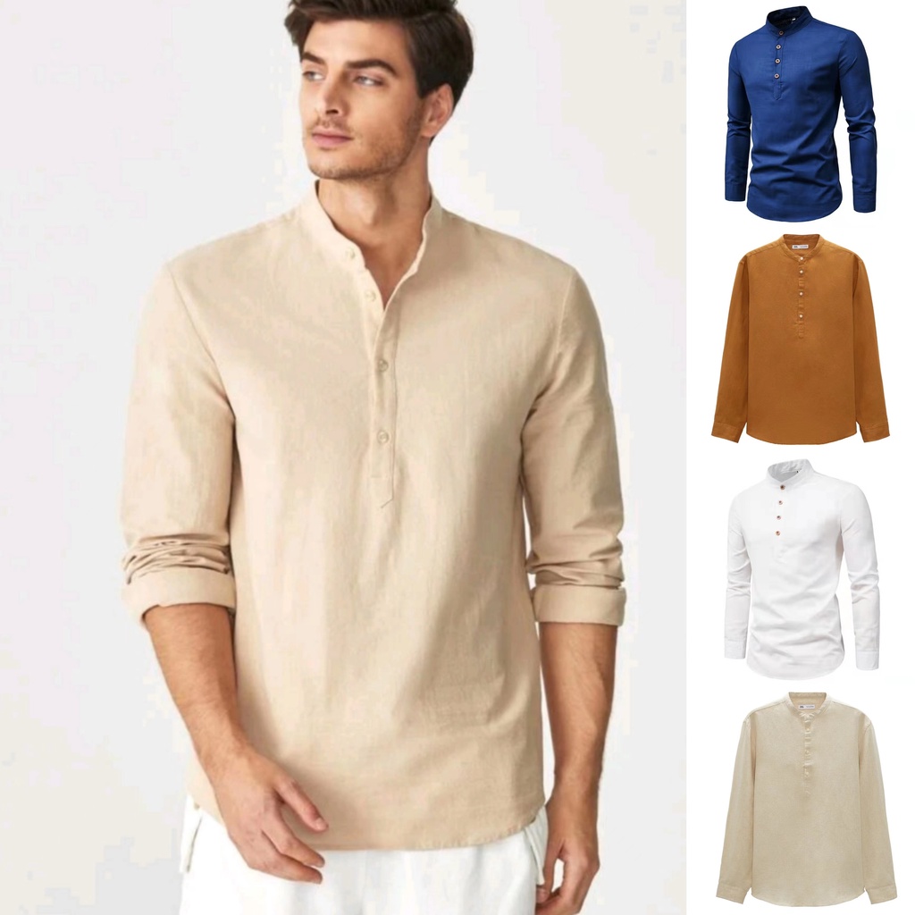 Long Sleeves Chinese Collar Polo for Men Casual Shirt Plain Polo Korean