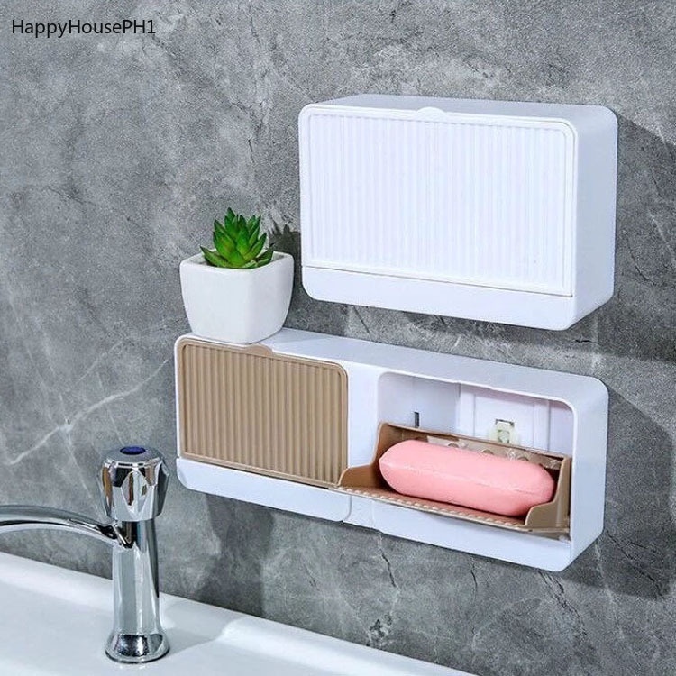 Soap Dish Drain Double Grid Sticker WallMounted Soap Box with Lid