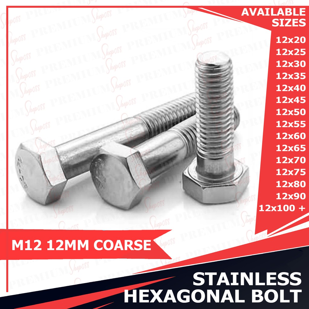 1/5pc M12 12MM Stainless Steel Hexagonal Bolt SS Hex Capscrew Cap Screw Nut Washer SS304 1.75