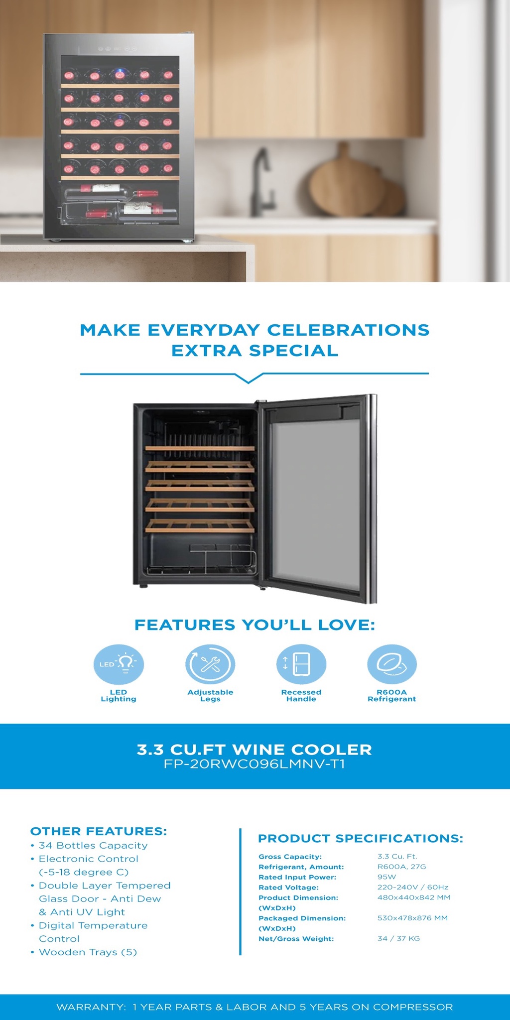 Midea 3.3 cu. ft. Wine Cooler 34 Bottles Capacity, Touch Control with