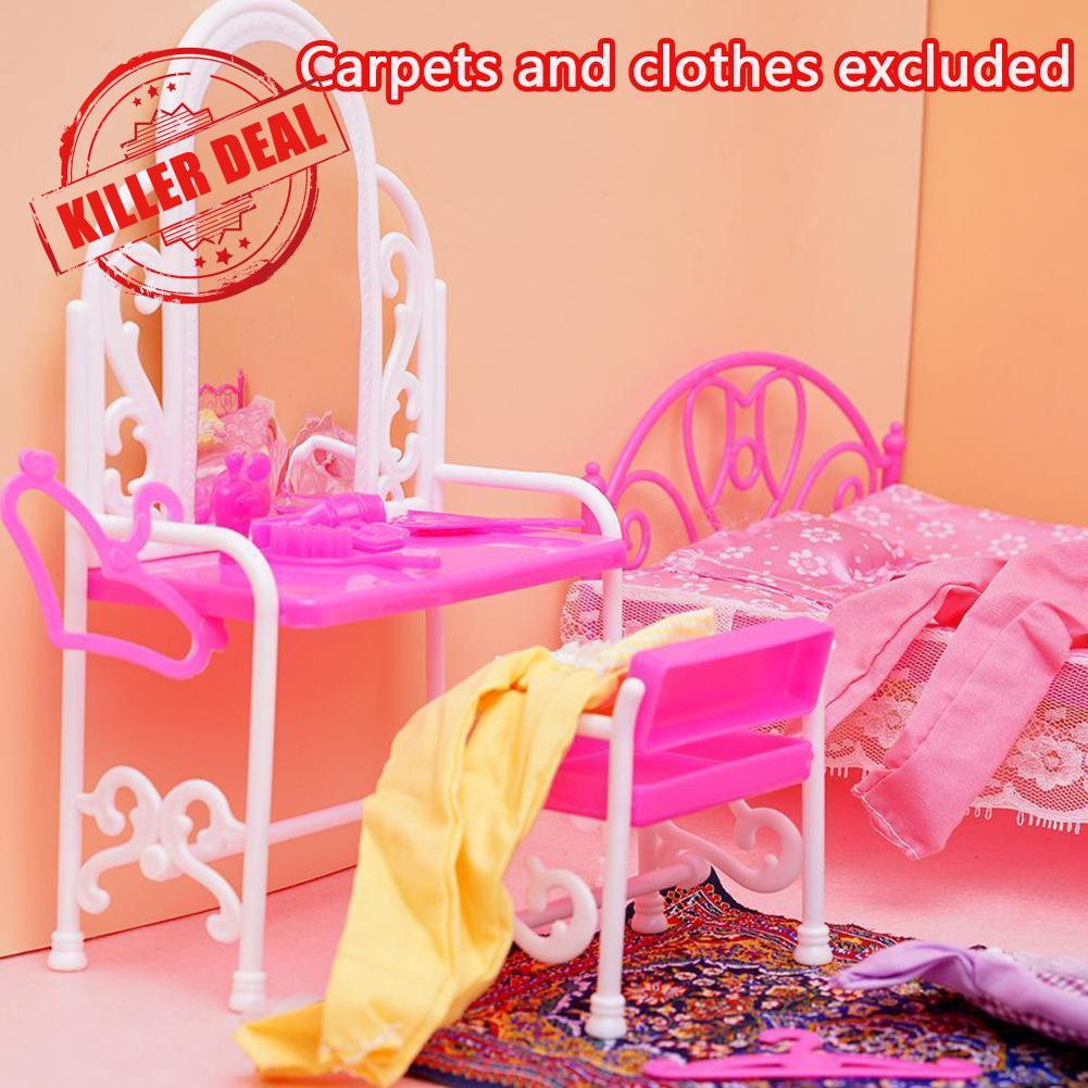 Fashion Bed Dressing Table & Chair Set For Barbies Furniture Dolls