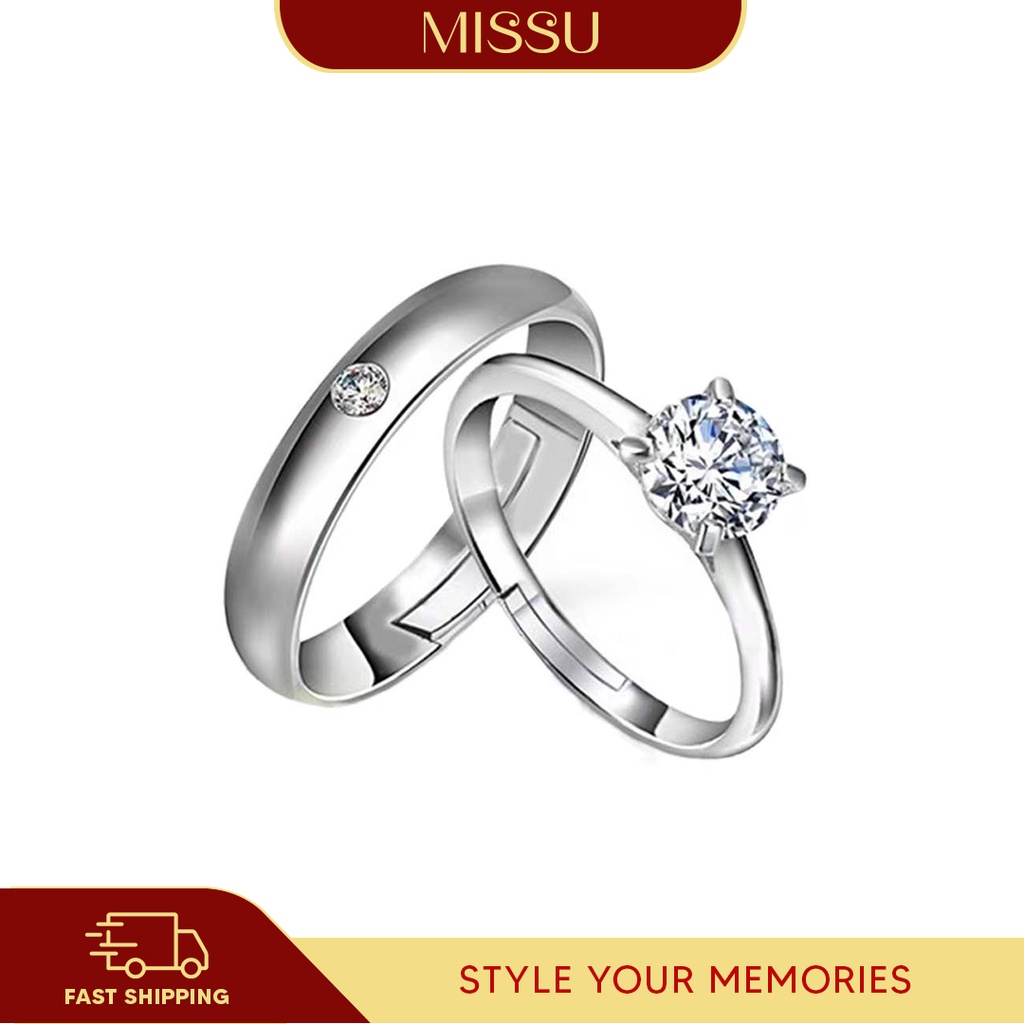 Missu 2pcs 925 Silver Couple Ring Crystal Diamond Couple Wedding Adjustable Rings CR005 Shopee