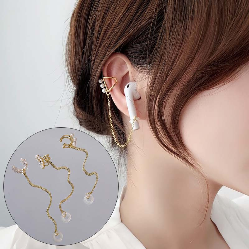 Creative Earphone AntiLost Ear Clip Earrings Women's Pearls String
