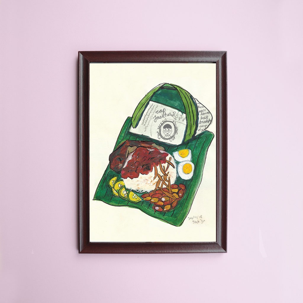 Nasi Lemak A4 Framed Artwork. Original Malaysian Food Culture Watercolor Art. Jacktus Original