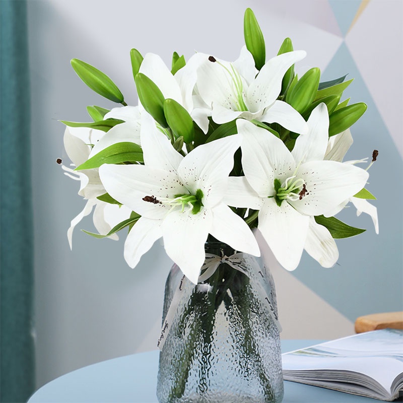 5 Heads Real Touch Artificial Lily Flowers Wedding Bridal Silk Fake Flower Bouquet White Lily