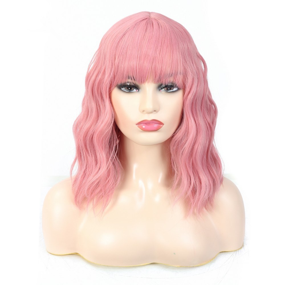 Short Water Wave Wig Pink Color Synthetic Wigs for Women Cosplay Wig on