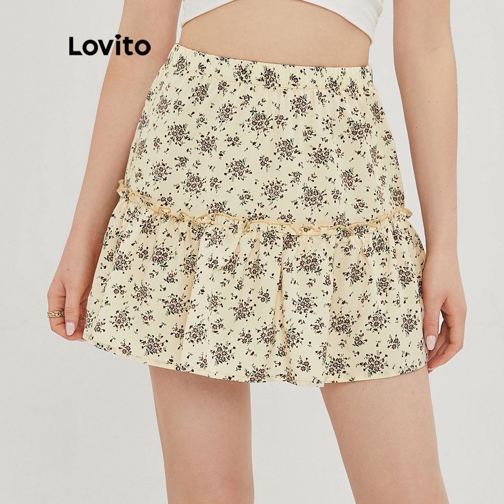 Lovito Vintage Ditsy Floral Short Ruffle Hem Skirts L20E006 (Beige