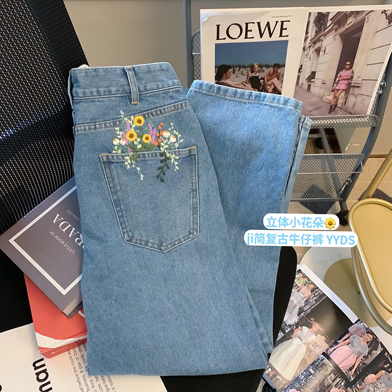 Vintage Embroidered Flower Jeans Women New Style Design Niche High