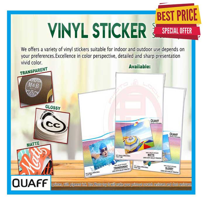 Quaff Vinyl Inkjet Sticker A4 Size(Glossy/Matte/Transparent) 20Sheets