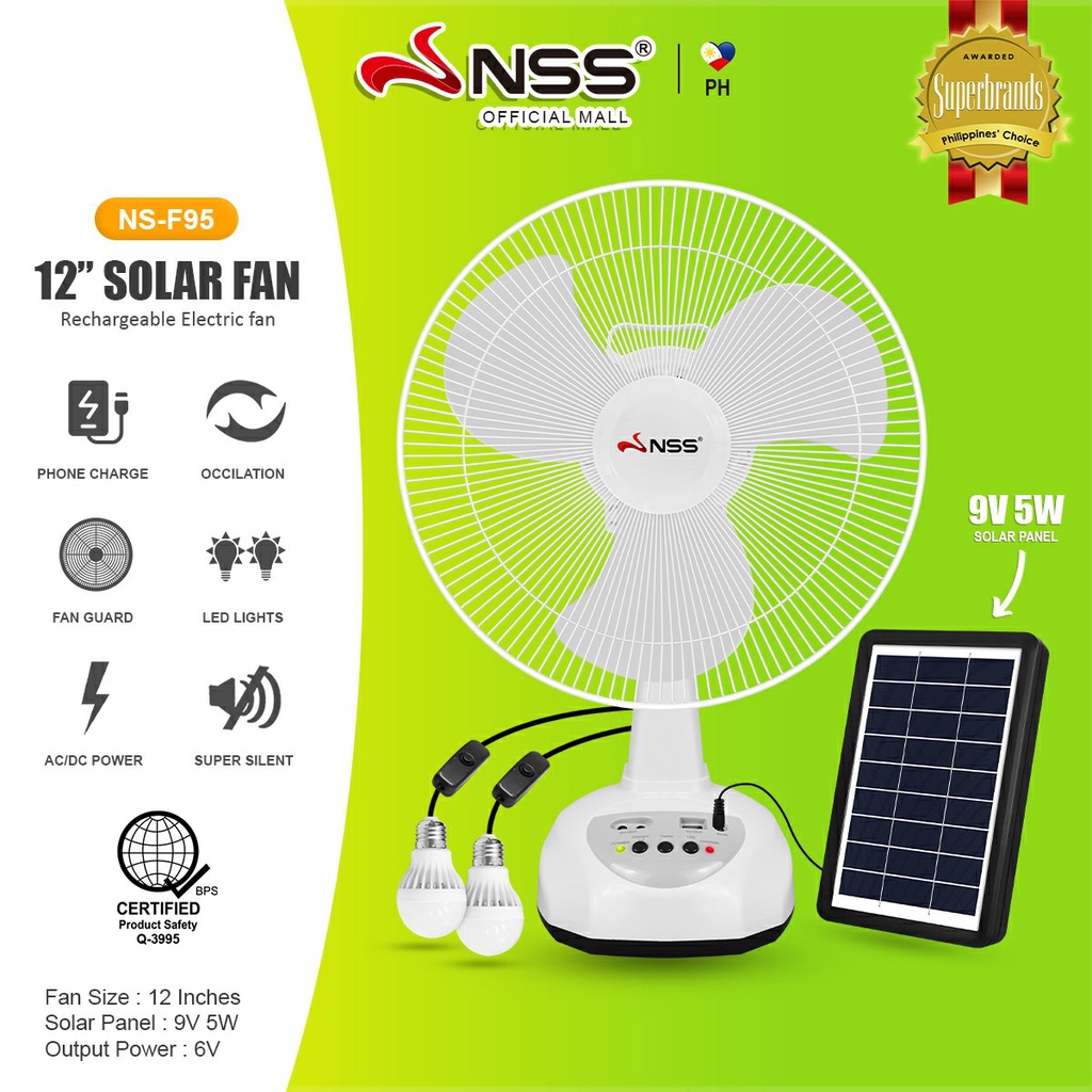 NSS Solar fan with panel Solar Electric Fan Rechargeable fan 12" with Emergency light 5W Solar