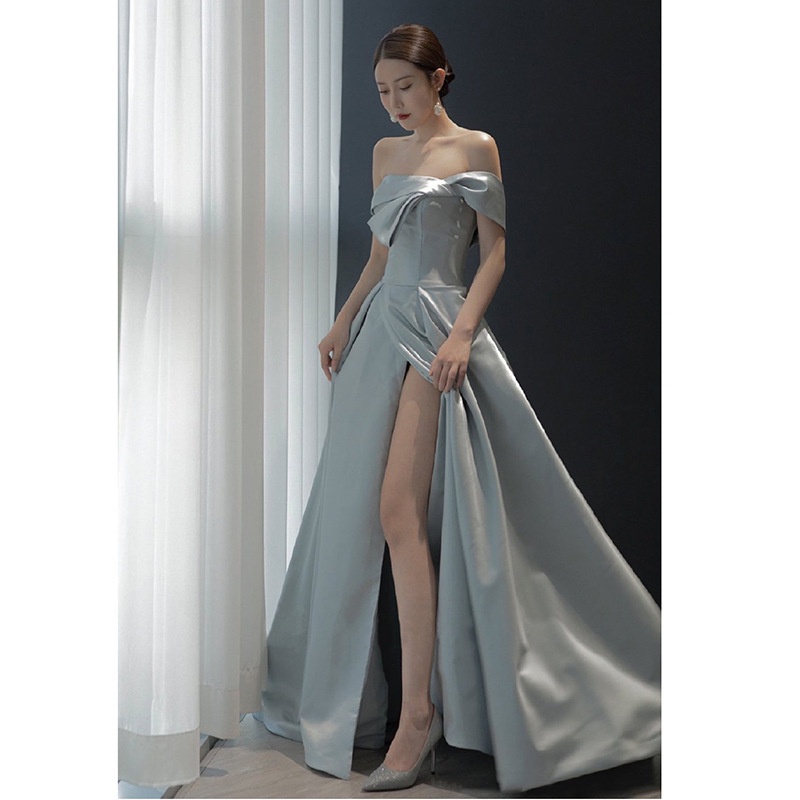 Light Blue Korean Split Long Birthday Party Evening Dress Elegant Satin